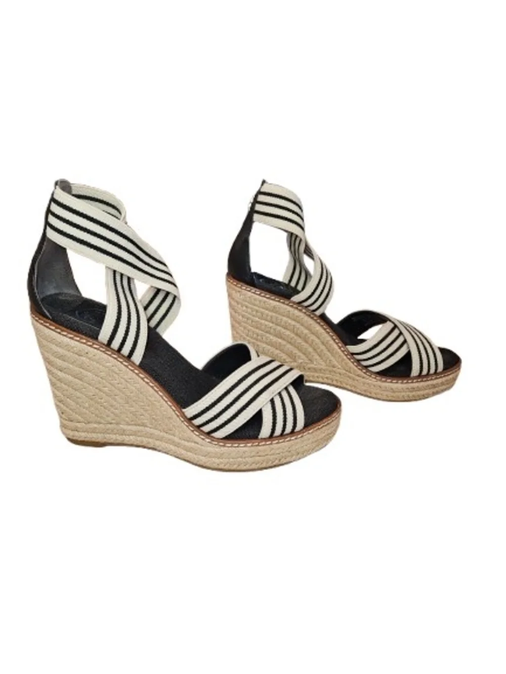 Tory Burch Frieda Espadrille Wedge Sandals Black White Striped Women's Size 7.5